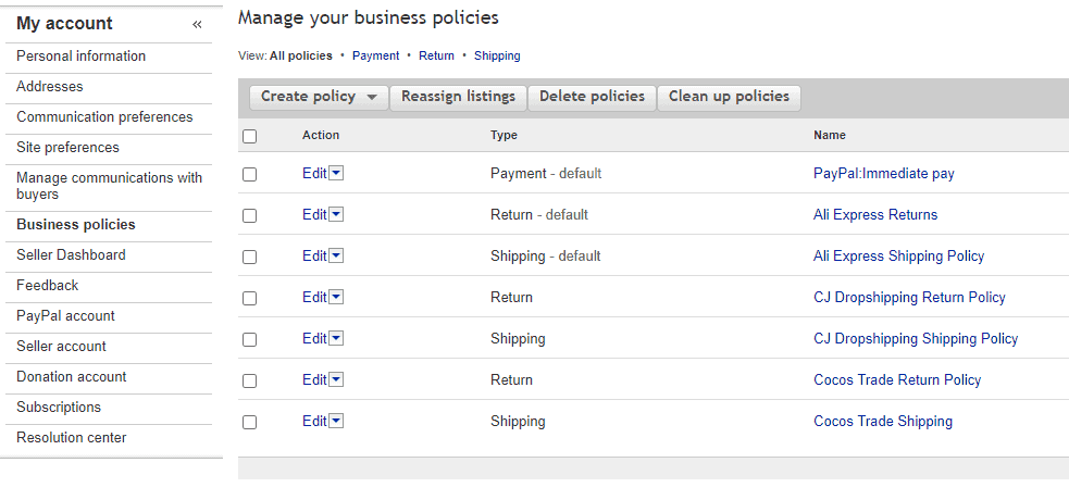 The eBay business policies for dropshipping