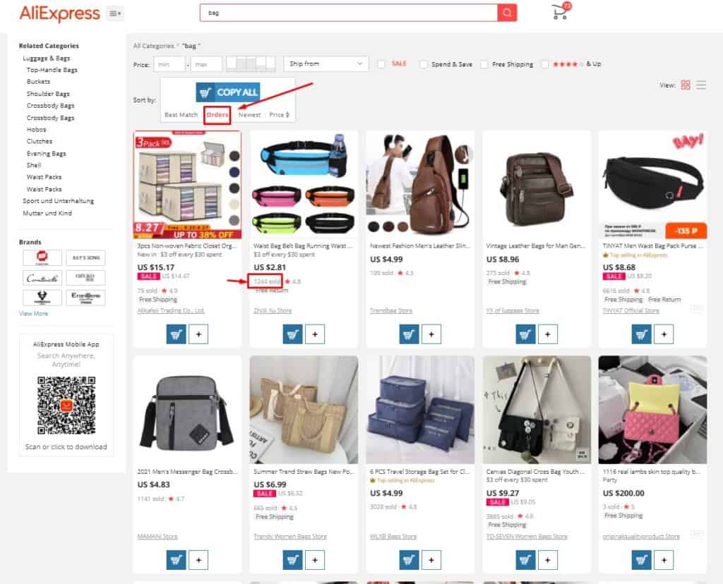 Sort By Orders to detect Aliexpress top sellers 