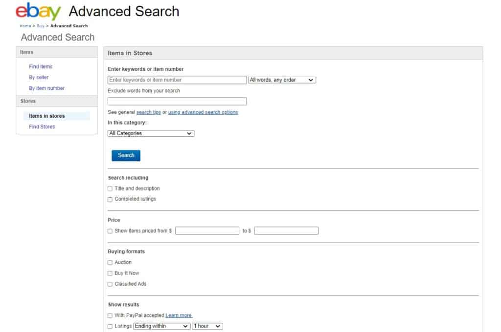 how eBay advanced search looks like