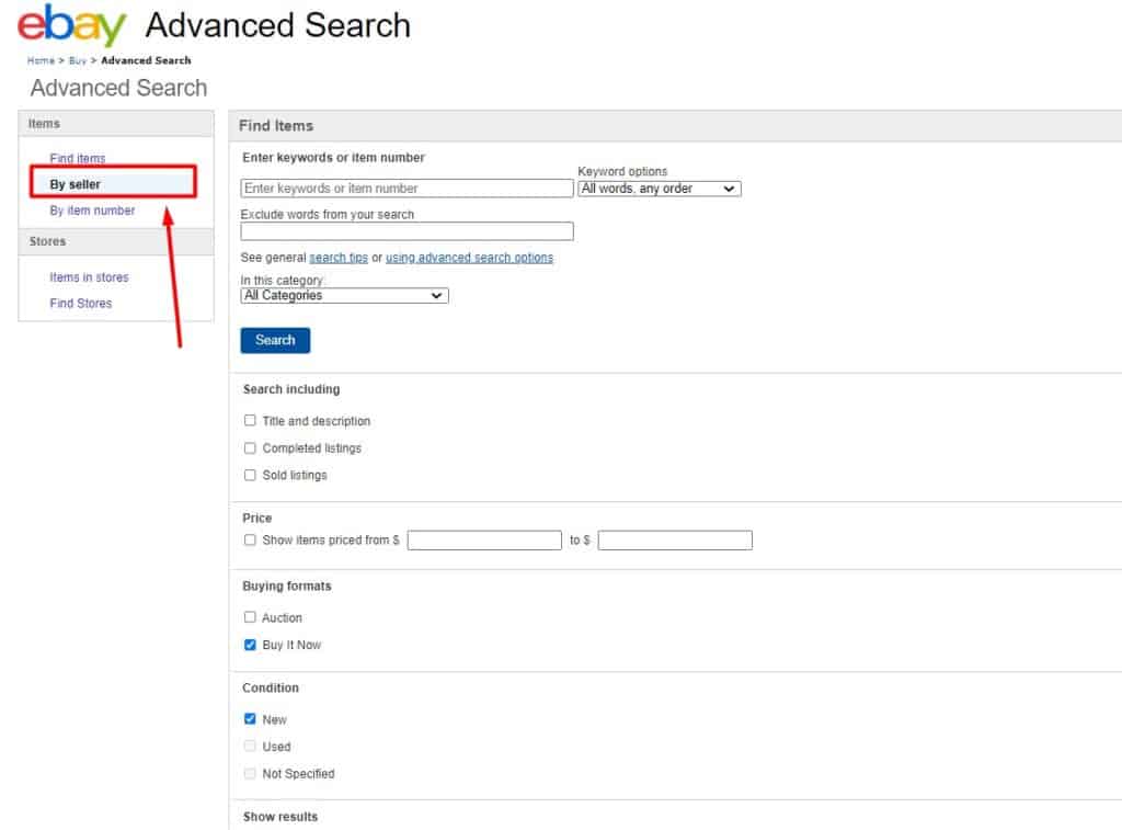 How to find a seller on eBay via Advanced Search