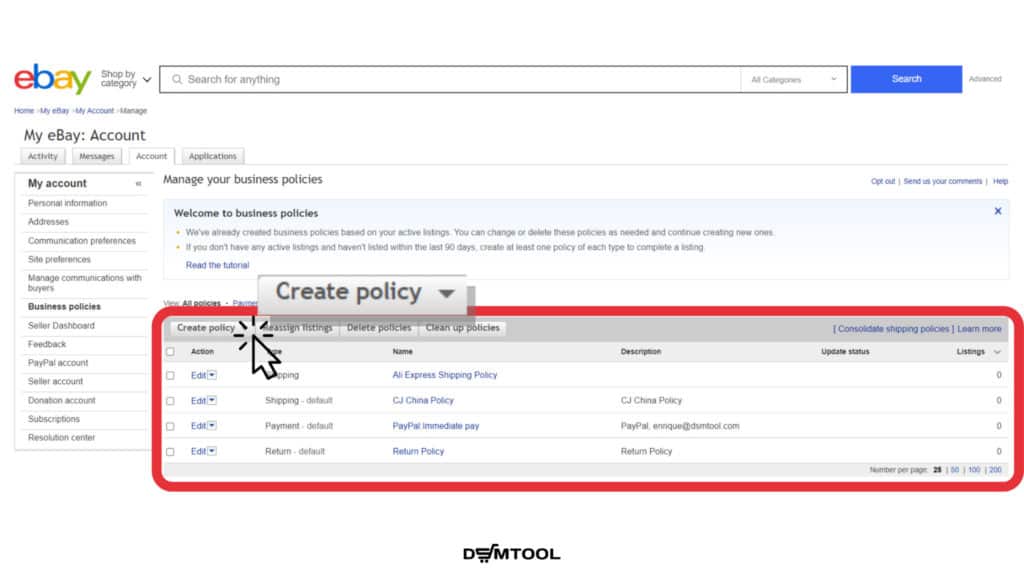 Click here to create a new eBay business policy 