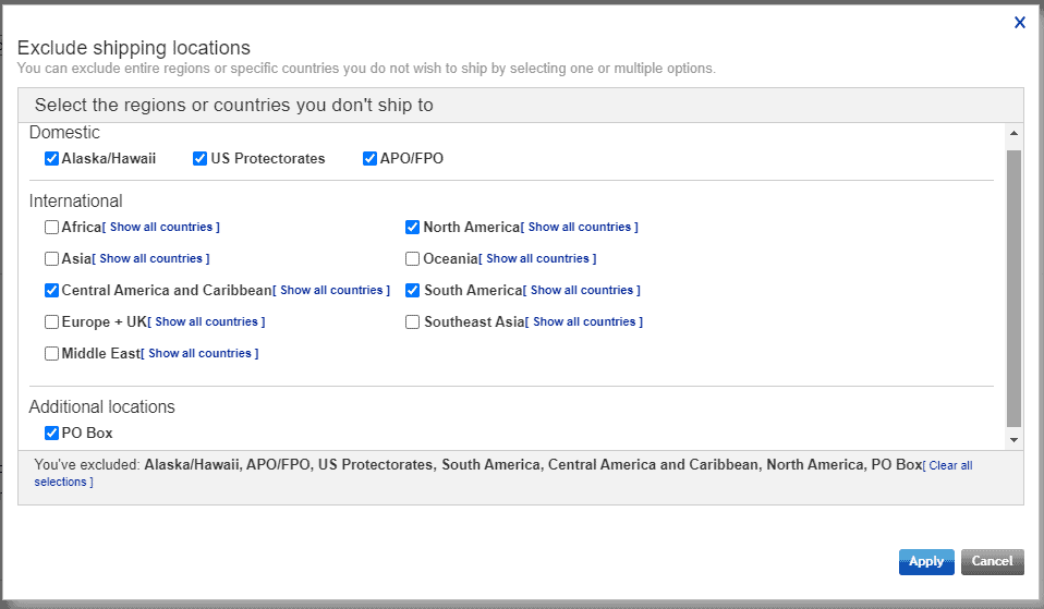 escluding shipping countries on ebay