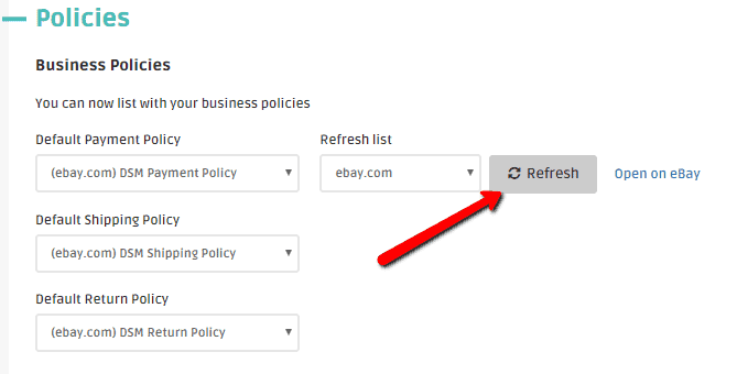 update your eBay bizpolicies from dsm tool 