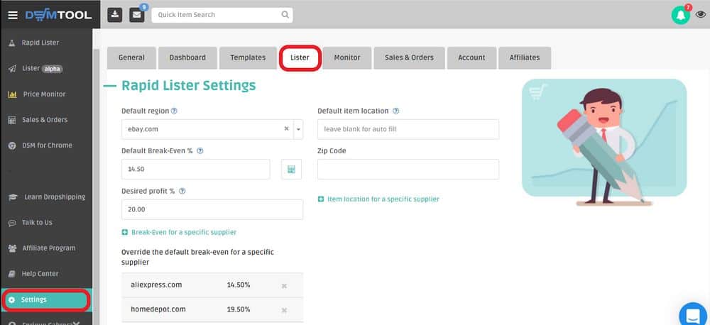 setting the eBay dropshiping software DSM Tool 