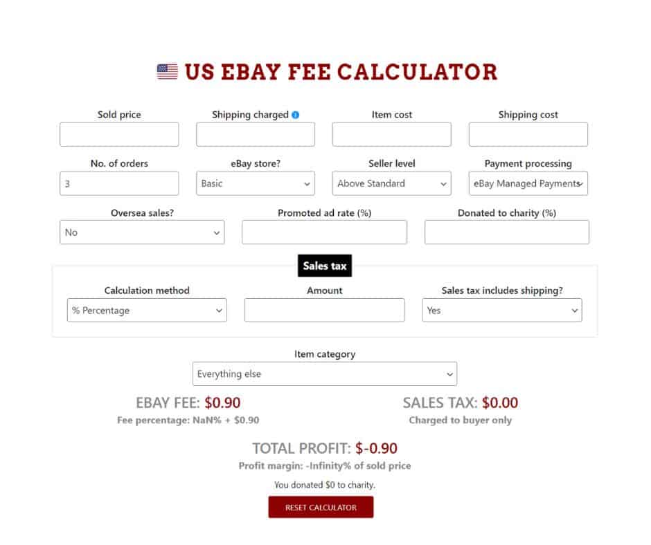an example of eBay fee calculator 