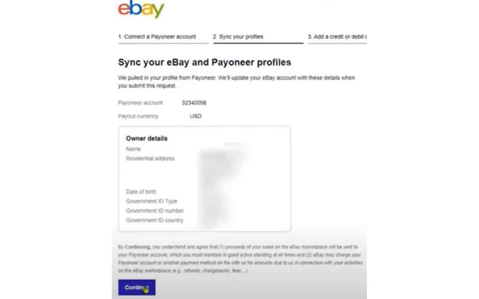 sync eBay account with Payoneer account 