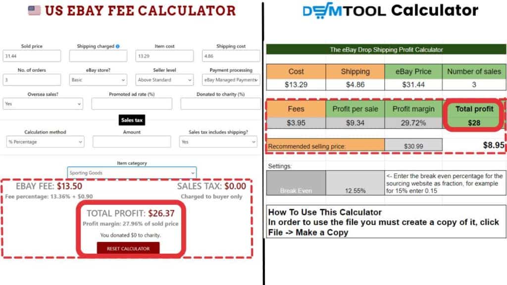 Comparison of two eBay profit calculators 