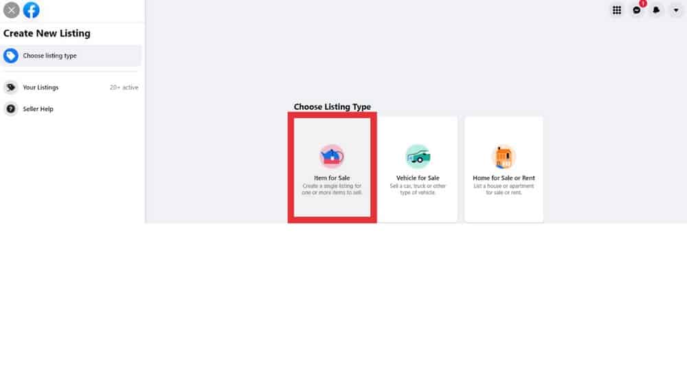 Choose the Item for Sale if you want to sell products on Facebook