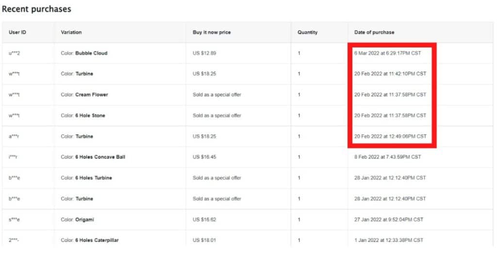 number of eBay sales or listing history