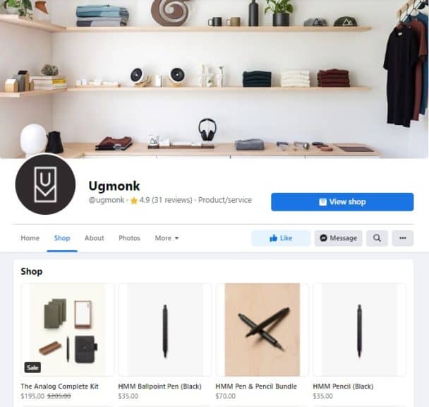 Facebook shop example