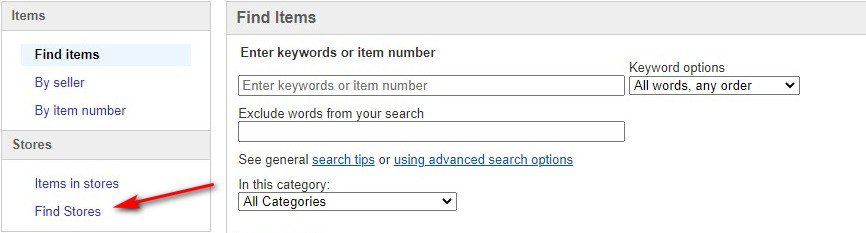 How to search for a seller on eBay using the Find Stores option