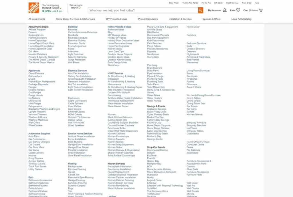 home depot categories