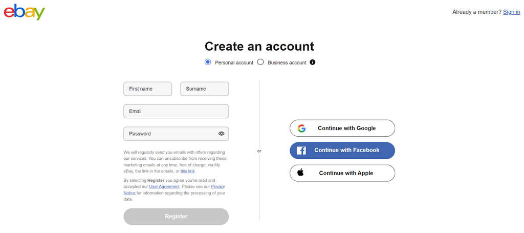Create an account on ebay.co.uk