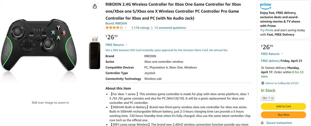  RIBOXIN 2.4G Wireless Controller for Xbox One Game