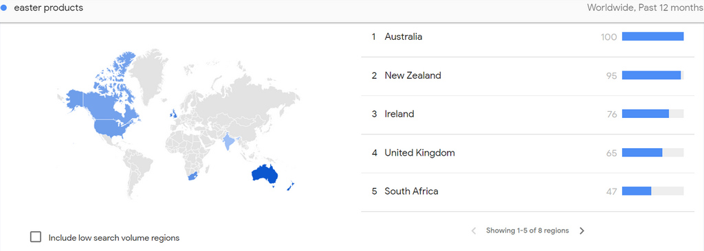 Region data of Easter products search on Google Trends