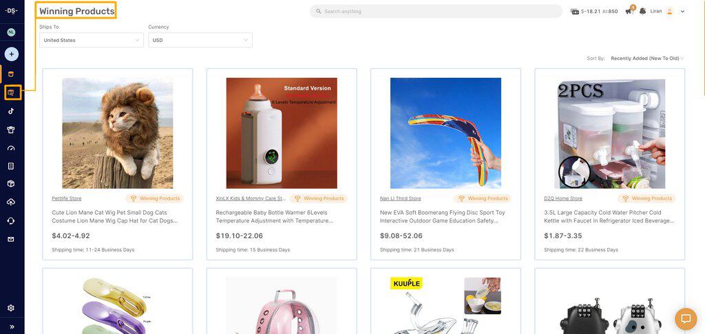 Use AutoDS Winning Products Hub to find trending products